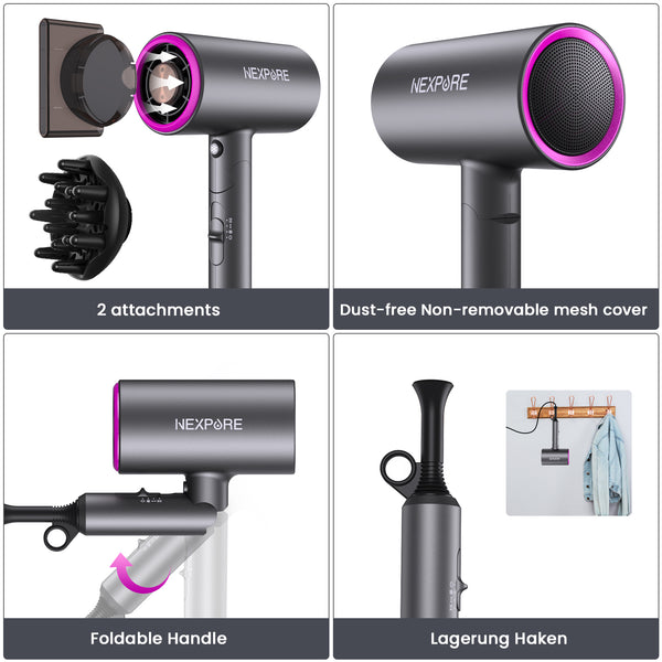 Hair Dryer, NEXPURE 1800W Professional Ionic Blow Dryer for Hair Care, Powerful Wind for Hair Drying, 2 Attachments