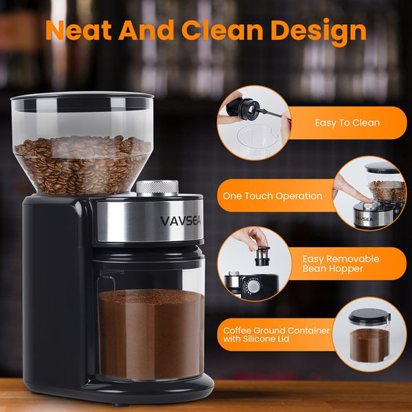 VAVSEA Burr Coffee Grinder, Electric Coffee Bean Grinder with 18 Precise Grind Settings, 3-18 Cup, for Cold Brew/French Press