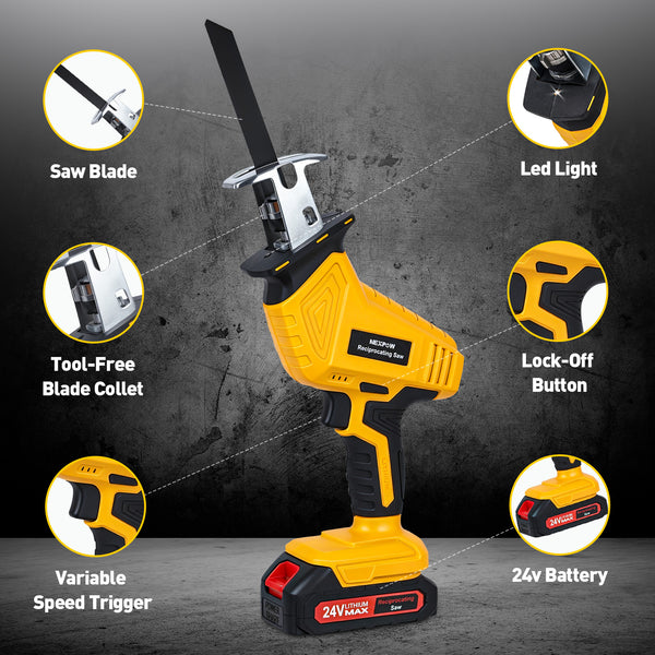 NEXPOW Cordless Reciprocating Saw - 2 x 24V Lithium-ion, 3500 SPM, 7 Saw Blades for Wood, Metal, PVC Cutting