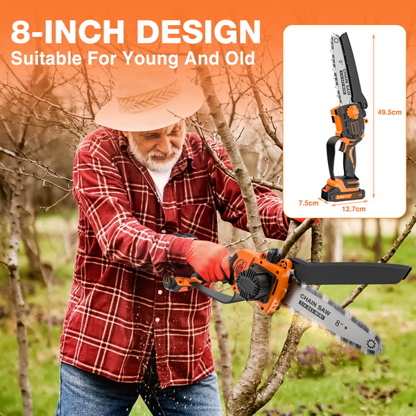 NEXPOW 8" Mini Chainsaw - 24V Battery Powered Chainsaw, 2 Batteries & Chains, Cordless Handheld Chain Saw Wood Cutter, Orange