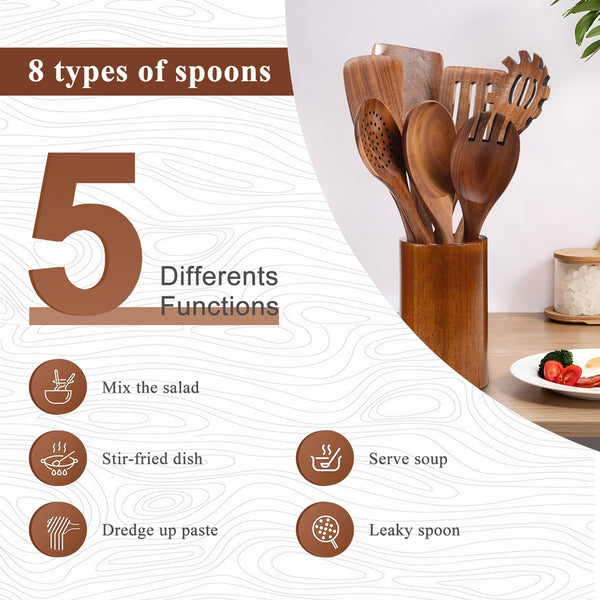 VAVSEA Thick Wooden Spoons for Cooking, 8Pcs Natural Wooden Utensil for Cooking with Non-Stick, Heat Resistant, Wood Kitchen Utensil Set