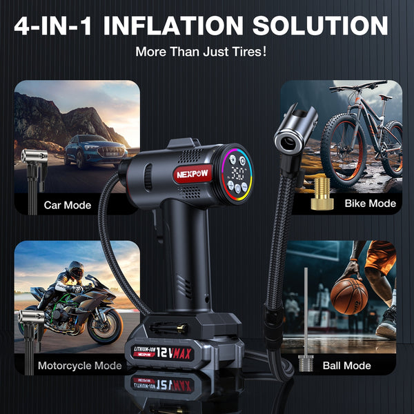 NEXPOW Tire Inflator Portable Air Compressor, 160PSI Car Tire Pump, Rechargeable Battery Powered 12V DC Adapter, Digital Pressure Gauge