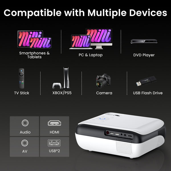 HAPPRUN Native 1080P Bluetooth Projector, Full HD Portable Outdoor Movie Projector with Built-in Speaker, Compatible with Smartphone