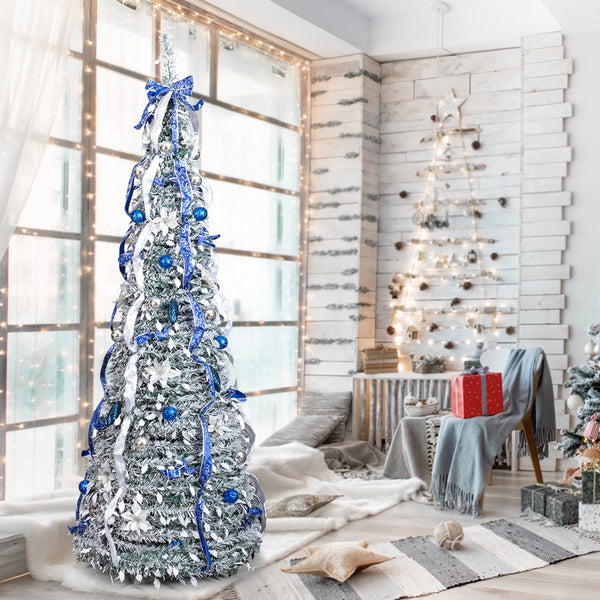 7FT Snow Flocked Pre-lit Artificial Pop Up Christmas Tree with 200 Warm Lights and Blue & Silver Ornaments for Home Holiday Decor