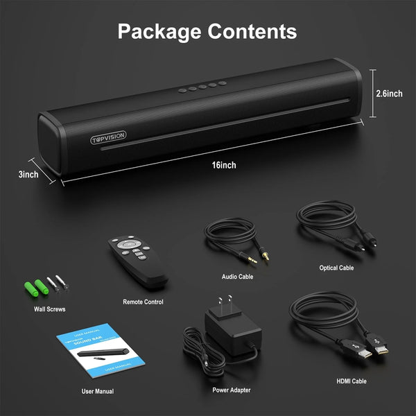 TOPVISION 2.1 Ch Sound Bar for TV, Bluetooth 5.4 Sound Bar with Subwoofer with HDMI ARC/Optical/Aux/USB, 3D Surround Sound System for Christmas gifts