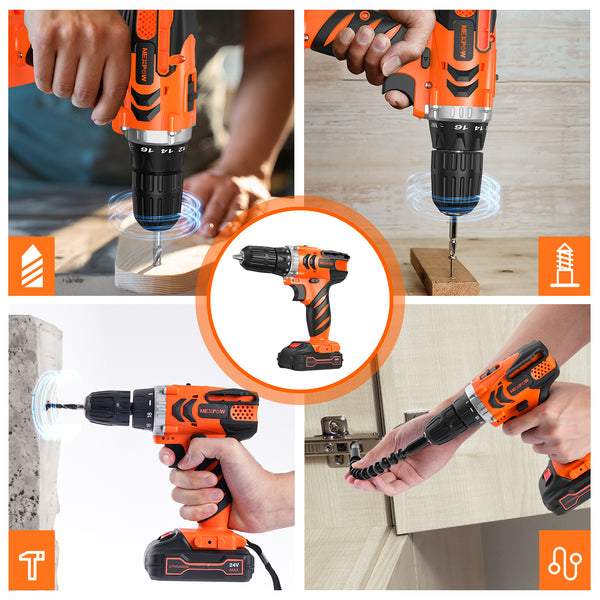 NEXPOW 24V Cordless Drill-Brushless Power Drill Set, 3/8" Keyless Chuck,18+1 Position Electric Drill, 2-Speed Transmission Tool Drill with 2Battery&Fast Charger