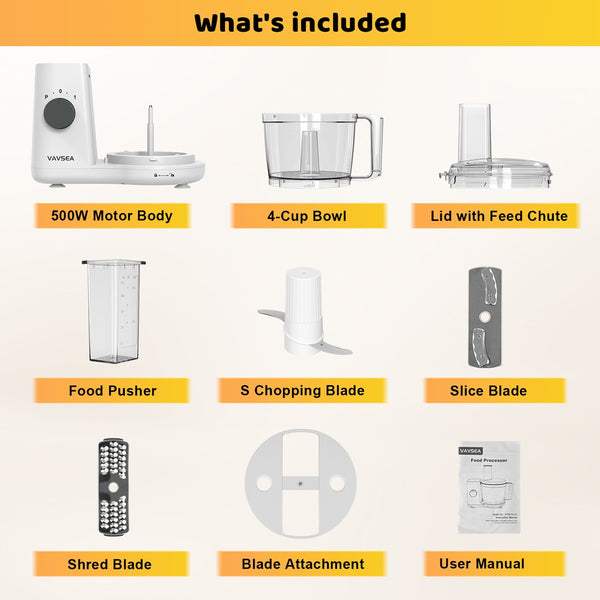 VAVSEA 6 Cup Food Processor and Vegetable Chopper for Dicing, Chopping, Mincing, BPA Free, Stainless Steel Blades, White