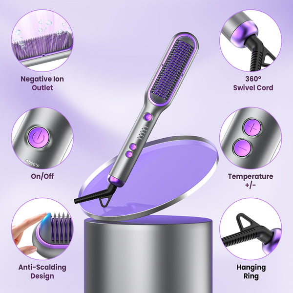 NEXPURE Hair Straightener Brush, Ionic Straightening Brush with 5 Temps, Anti-Scald Ceramic Hot Comb, Dual Voltage