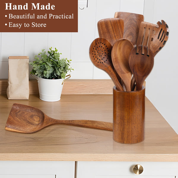 VAVSEA Thick Wooden Spoons for Cooking, 8Pcs Natural Wooden Utensil for Cooking with Non-Stick, Heat Resistant, Wood Kitchen Utensil Set