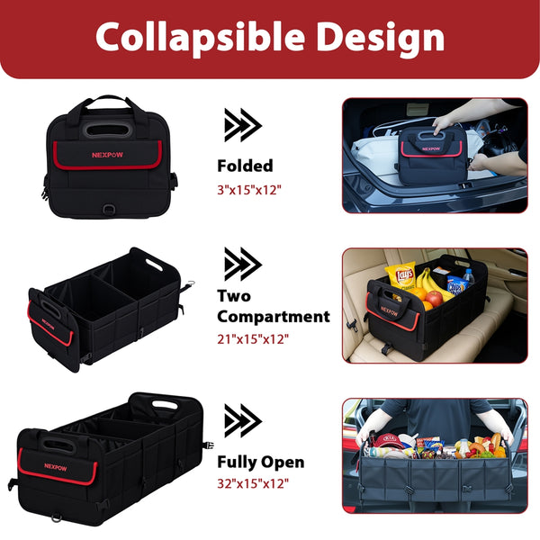NEXPOW Car Trunk Organizer, 95L Collapsible SUV Organizer, Multi-Compartment, Car Storage Box with 2 Adjustable Straps