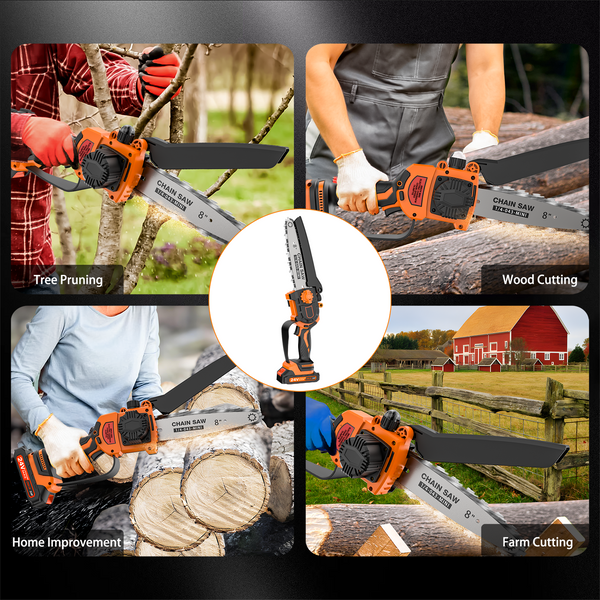 NEXPOW 8" Mini Chainsaw - 24V Battery Powered Chainsaw, 2 Batteries & Chains, Cordless Handheld Chain Saw Wood Cutter, Orange