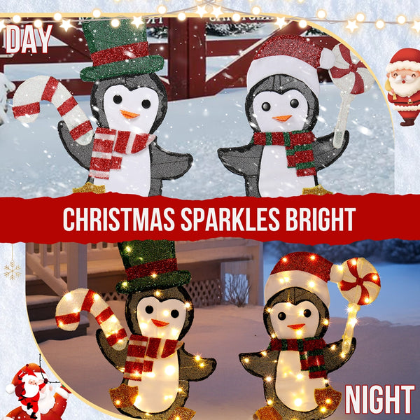 2 Lighted Penguin and Candy Cane Christmas Decorations, Pre-lit 2D Holiday Decor for Xmas Outdoor Indoor Decor Lighted Displays