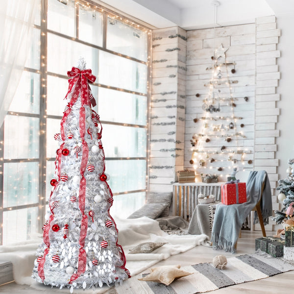 6 FT Fully Decorated Pre-lit Christmas Tree, Pop Up Artificial Xmas Tree with 100 Warm Lights and Red Ornaments for Holiday Decor