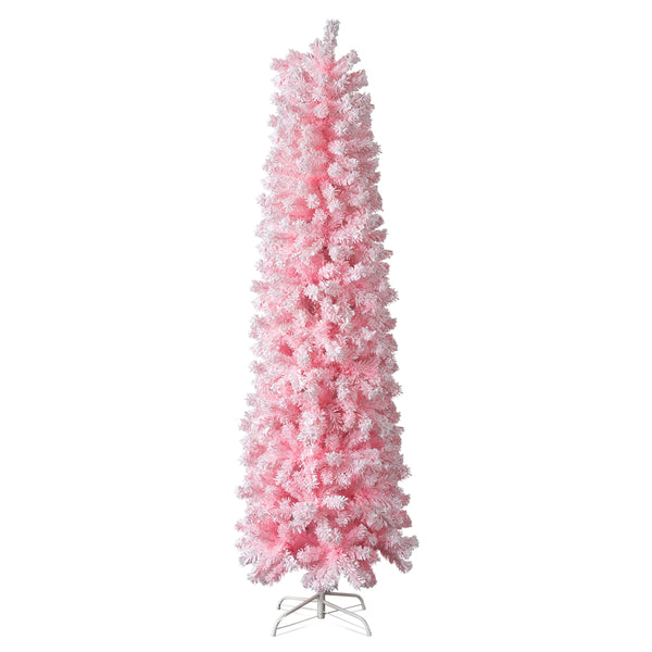 7.5 FT Snow Flocked Hinged Christmas Tree, Artificial Pencil Christmas Tree, Unlit Pine Tree with 641 Branch Tips, Pink