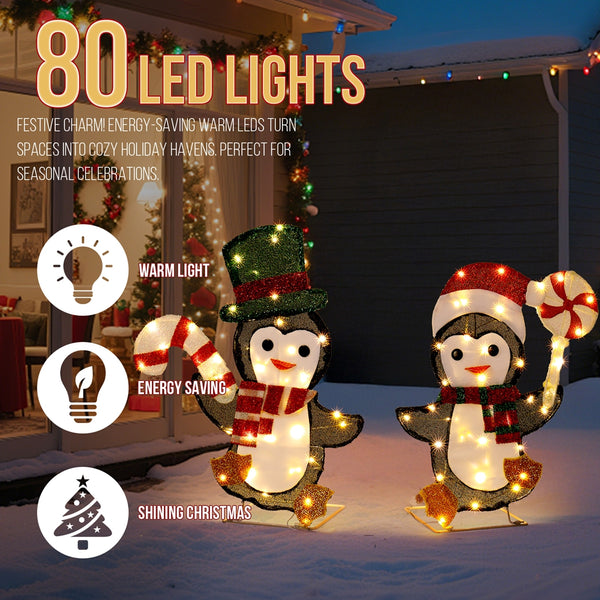 2 Lighted Penguin and Candy Cane Christmas Decorations, Pre-lit 2D Holiday Decor for Xmas Outdoor Indoor Decor Lighted Displays