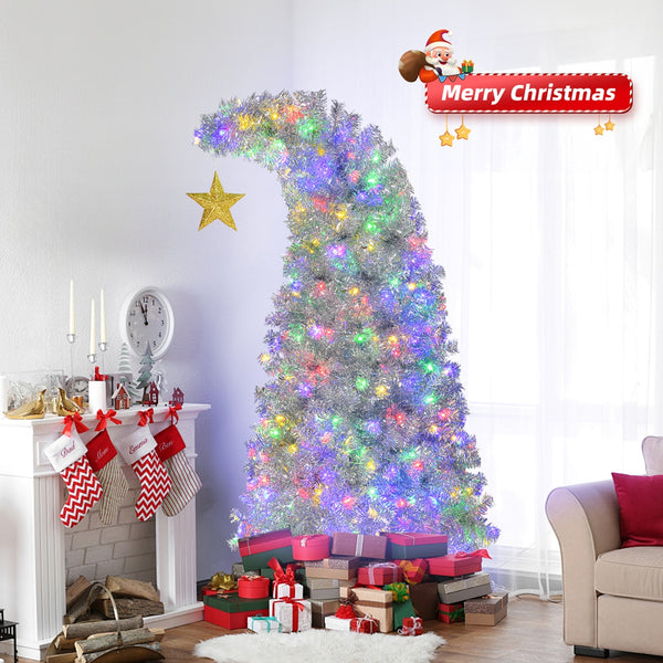 6FT Bent Top Pre-lit Christmas Tree with Golden Star, Hinged Artificial Xmas Tree with 300 Lights, 900 Branch Tips for Holiday Party