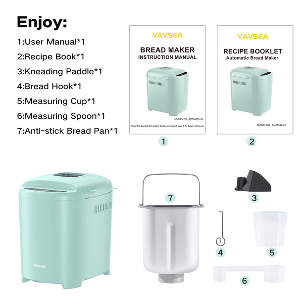 VAVSEA Bread Maker, 2LB Automatic Bread Machine, Cake Setting, Nonstick Ceramic Pan for Homemade Bread, Green