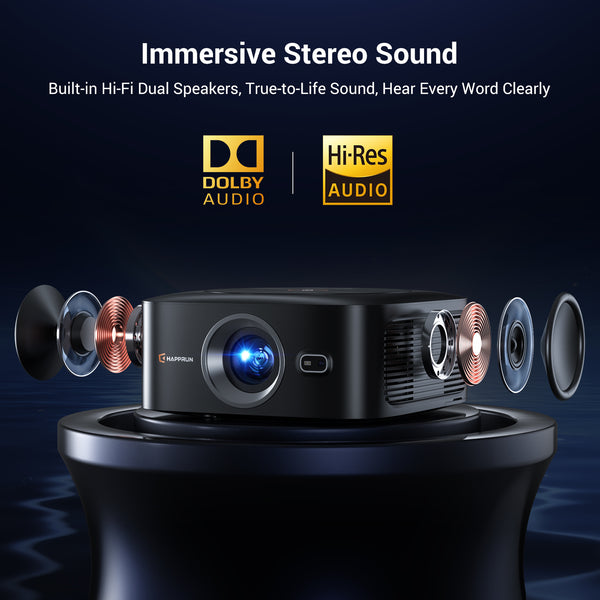 1500 ANSI Official Licensed Google TV Smart Projector, HAPPRUN 4K Full HD Home Theater with Auto Focus, Dolby Sound, Wi-Fi Bluetooth, Built-in Apps, Compatible with Phone & PC, Indoor & Outdoor Use