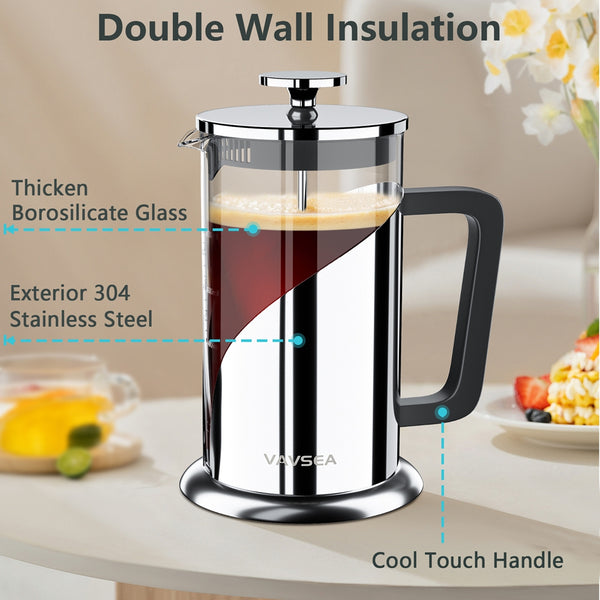 VAVSEA Double Wall French Press Coffee Maker, 35oz Coffee Press with Thicken Borosilicate Glass & 304 Stainless Steel for Travel