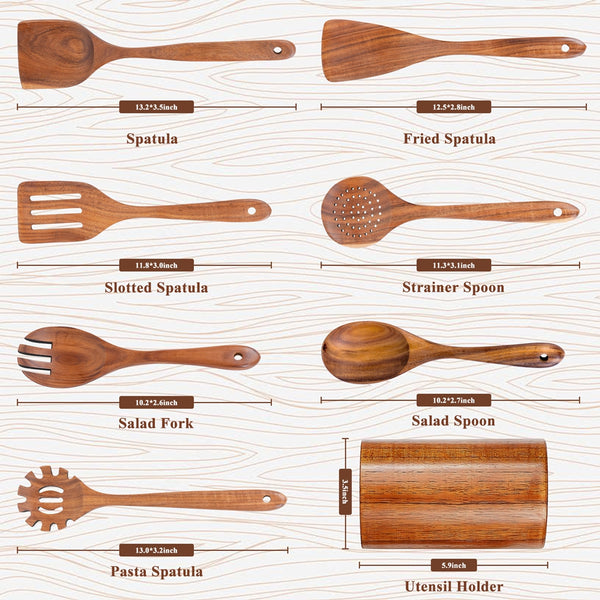 VAVSEA Thick Wooden Spoons for Cooking, 8Pcs Natural Wooden Utensil for Cooking with Non-Stick, Heat Resistant, Wood Kitchen Utensil Set