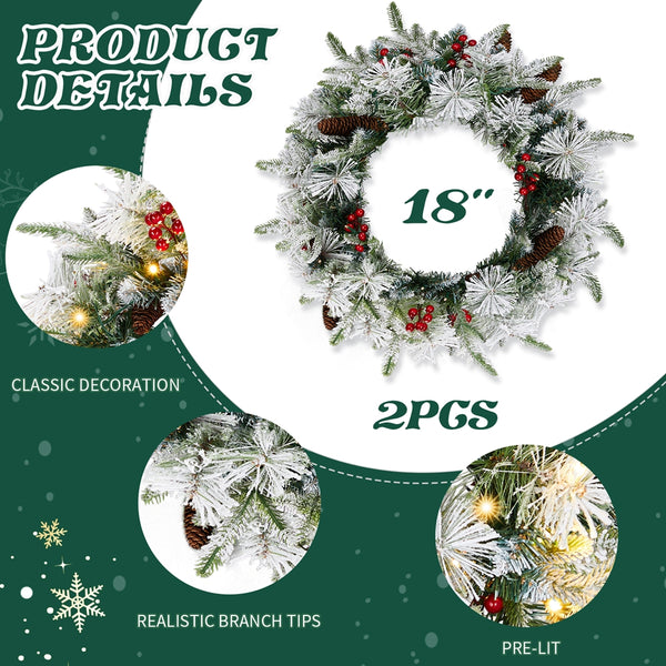 2 Pack 18in Pre-lit Snow Flocked Christmas Wreath, Lighted Artificial Xmas Wreath with 60 Warm Lights and 140 Tips