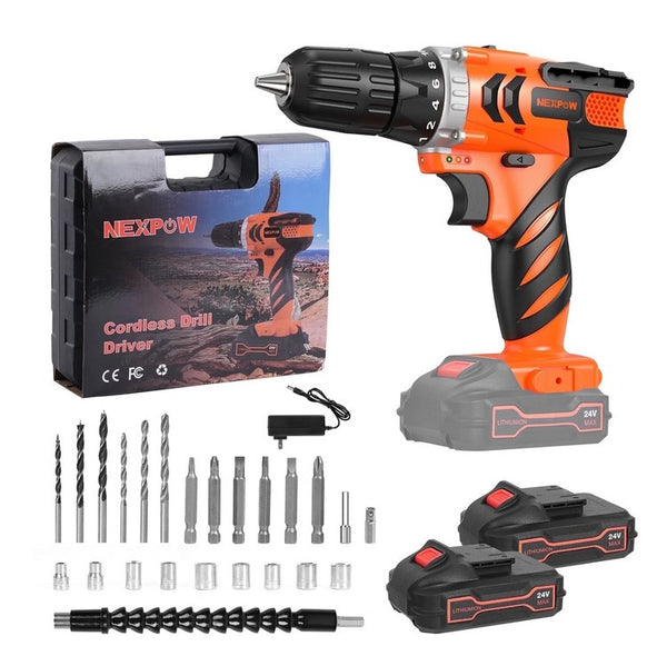 Nexpow Cordless Drill, 24V Power Drill Set with 2 Battery,18+1 Torque Settings, 2 Variable Speeds, 24pcs Drill Bits/Screws for Screwdriving And Drilling, Orange