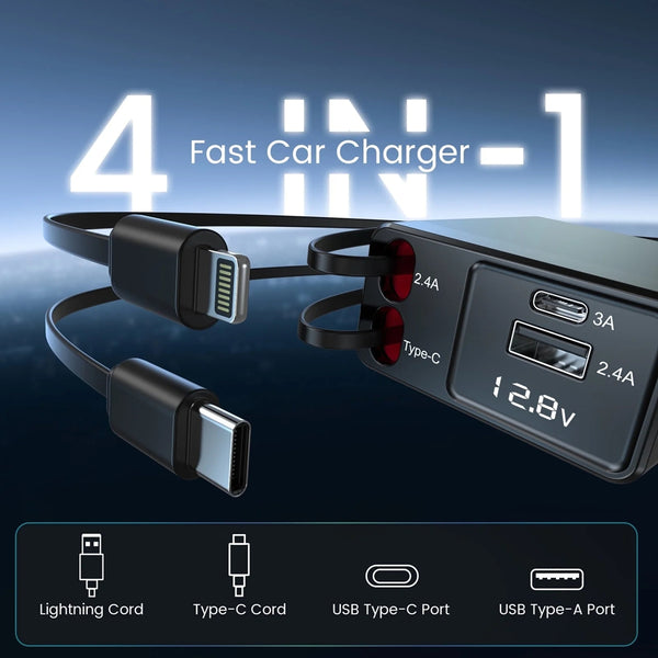 NEXPOW Car Charger Adapter,150W Fast Charger 4 in 1 Car Phone Charger with Cables(2.6ft),180° Adjustable