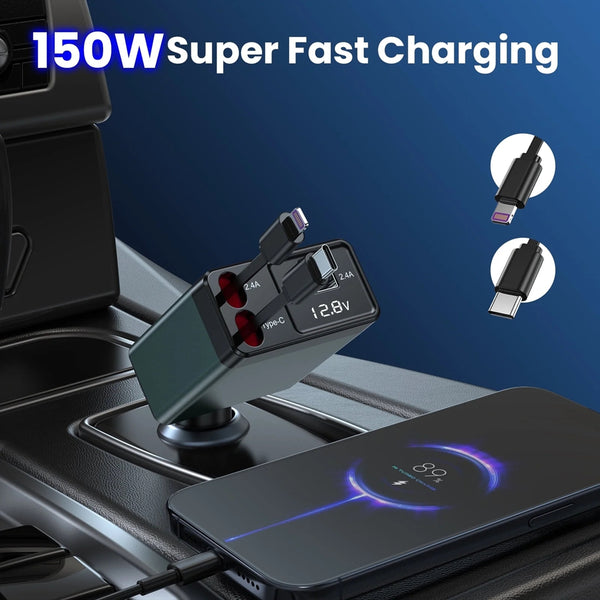 NEXPOW Car Charger Adapter,150W Fast Charger 4 in 1 Car Phone Charger with Cables(2.6ft),180° Adjustable