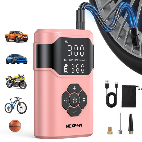 NEXPOW Tire Inflator Portable Air Compressor, 150 PSI Air Compressor for Car Tires with Dual-Screen Display, 3X Fast Inflation Portable Bike Pump for Car, Motorcycle, Bike, Ball, Pink