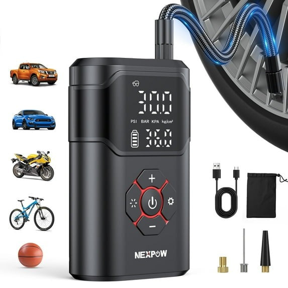 NEXPOW Tire Inflator Portable Air Compressor, 150 PSI Air Compressor for Car Tires with Dual-Screen Display, 3X Fast Inflation Portable Bike Pump for Car, Motorcycle, Bike, Ball