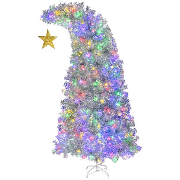 6FT Bent Top Pre-lit Christmas Tree with Golden Star, Hinged Artificial Xmas Tree with 300 Lights, 900 Branch Tips for Holiday Party