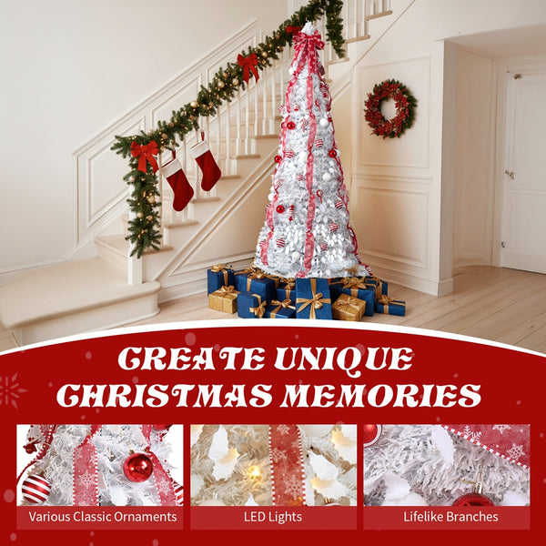 6 FT Fully Decorated Pre-lit Christmas Tree, Pop Up Artificial Xmas Tree with 100 Warm Lights and Red Ornaments for Holiday Decor