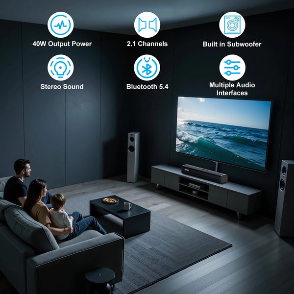 TOPVISION 2.1 Ch Sound Bar for TV, Bluetooth 5.4 Sound Bar with Subwoofer with HDMI ARC/Optical/Aux/USB, 3D Surround Sound System for Christmas gifts