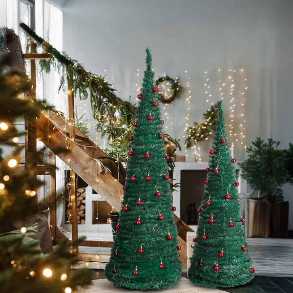 2 Pack, 6FT 5FT Artificial Pop Up Christmas Tree with Red Ball Ornaments for for Home Office Store Holiday Deco, Green