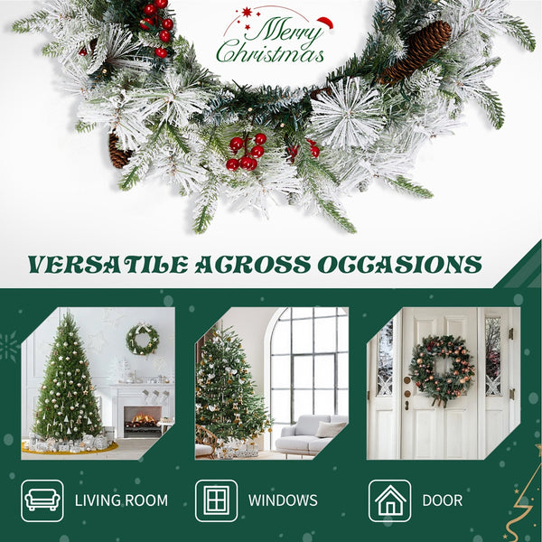 2 Pack 18in Pre-lit Snow Flocked Christmas Wreath, Lighted Artificial Xmas Wreath with 60 Warm Lights and 140 Tips