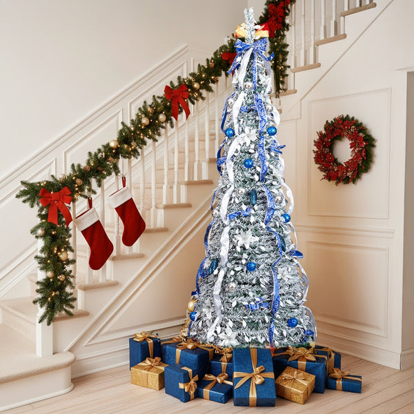 7FT Snow Flocked Pre-lit Artificial Pop Up Christmas Tree with 200 Warm Lights and Blue & Silver Ornaments for Home Holiday Decor