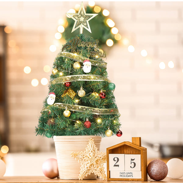 20in Pre-lit Artificial Mini Christmas Tree, Tabletop Small Xmas Pine Tree with Ornaments and 30 Warm Lights for Holiday Decor