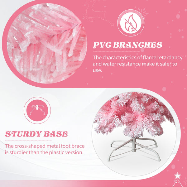 7.5 FT Snow Flocked Hinged Christmas Tree, Artificial Pencil Christmas Tree, Unlit Pine Tree with 641 Branch Tips, Pink