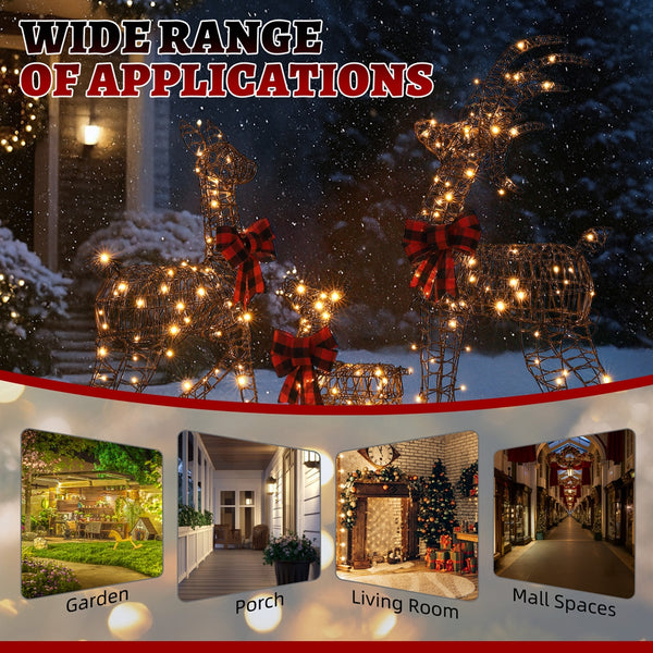 3pcs 4FT 30.00V 3.60W Family Elk Brown Ratten Style Frame Courtyard Elk Decoration