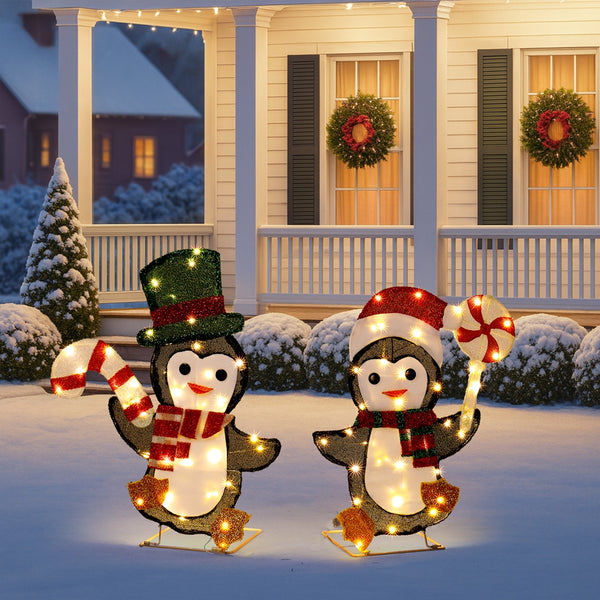 2 Lighted Penguin and Candy Cane Christmas Decorations, Pre-lit 2D Holiday Decor for Xmas Outdoor Indoor Decor Lighted Displays