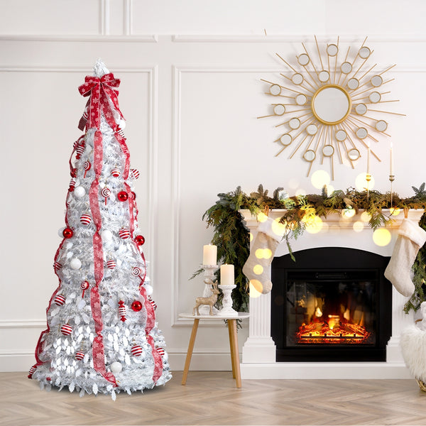 6 FT Fully Decorated Pre-lit Christmas Tree, Pop Up Artificial Xmas Tree with 100 Warm Lights and Red Ornaments for Holiday Decor