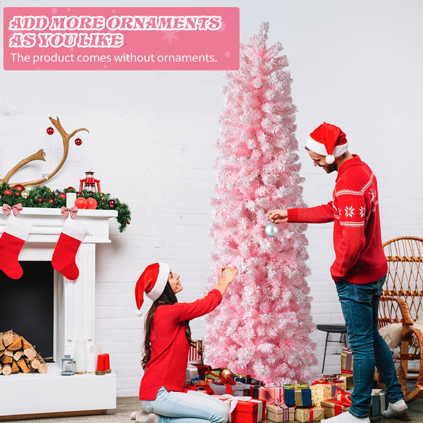 7.5 FT Snow Flocked Hinged Christmas Tree, Artificial Pencil Christmas Tree, Unlit Pine Tree with 641 Branch Tips, Pink