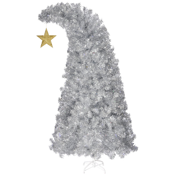 6FT Bent Top Pre-lit Christmas Tree with Golden Star, Hinged Artificial Xmas Tree with 300 Lights, 900 Branch Tips for Holiday Party
