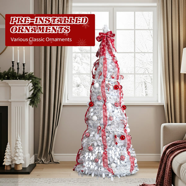6 FT Fully Decorated Pre-lit Christmas Tree, Pop Up Artificial Xmas Tree with 100 Warm Lights and Red Ornaments for Holiday Decor