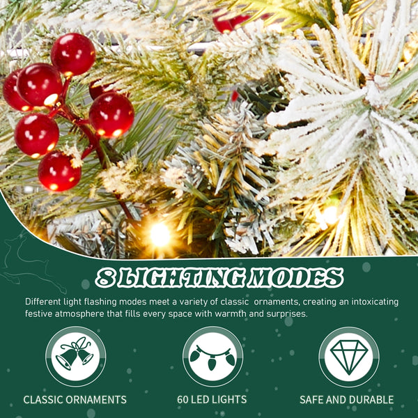 2 Pack 18in Pre-lit Snow Flocked Christmas Wreath, Lighted Artificial Xmas Wreath with 60 Warm Lights and 140 Tips