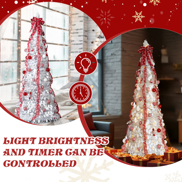 6 FT Fully Decorated Pre-lit Christmas Tree, Pop Up Artificial Xmas Tree with 100 Warm Lights and Red Ornaments for Holiday Decor