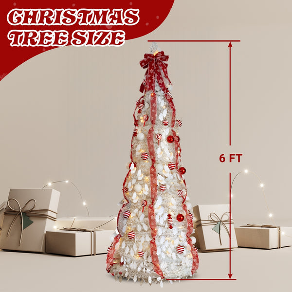 6 FT Fully Decorated Pre-lit Christmas Tree, Pop Up Artificial Xmas Tree with 100 Warm Lights and Red Ornaments for Holiday Decor