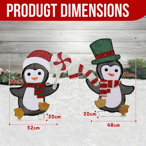 2 Lighted Penguin and Candy Cane Christmas Decorations, Pre-lit 2D Holiday Decor for Xmas Outdoor Indoor Decor Lighted Displays