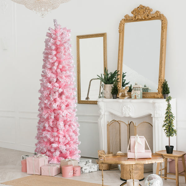 7.5 FT Snow Flocked Hinged Christmas Tree, Artificial Pencil Christmas Tree, Unlit Pine Tree with 641 Branch Tips, Pink