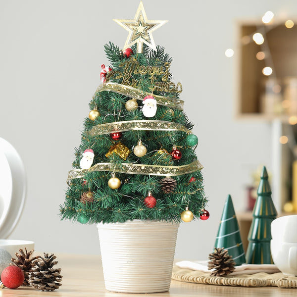 20in Pre-lit Artificial Mini Christmas Tree, Tabletop Small Xmas Pine Tree with Ornaments and 30 Warm Lights for Holiday Decor
